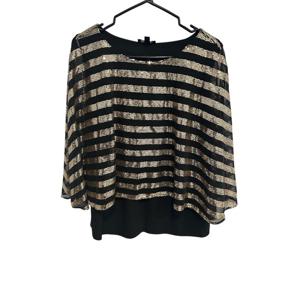 Prelude Striped Mesh Sequin Top Black Gold Sz Large Sparkle Party Night Out - Picture 1 of 10